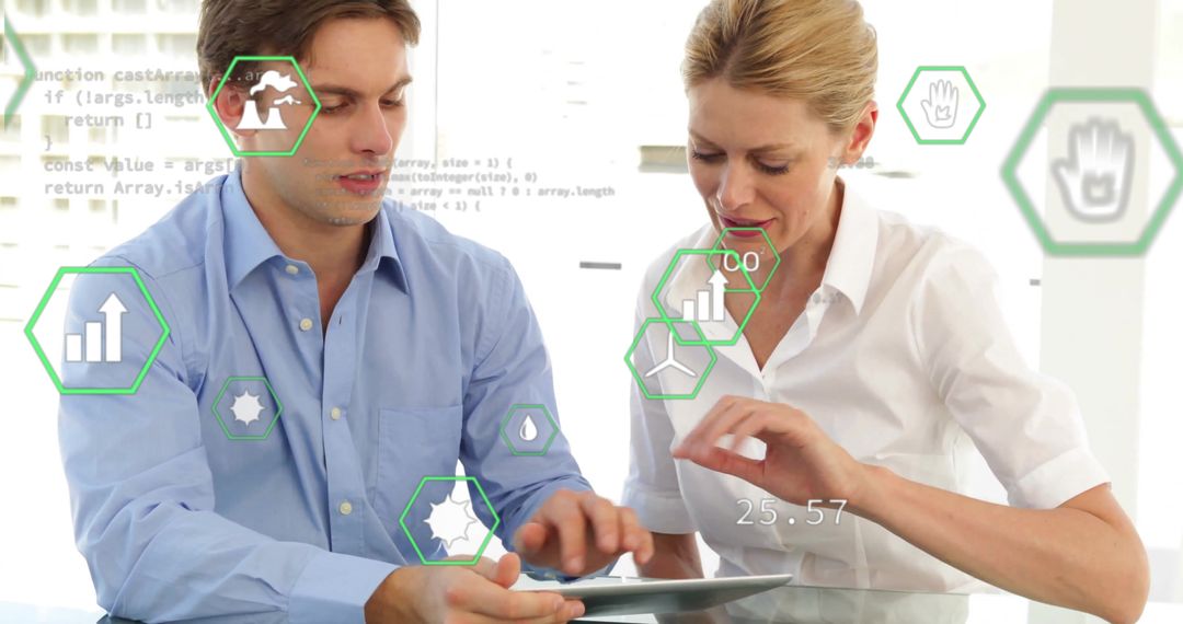 Team Analyzing Data on Tablet with Virtual Interface Icons