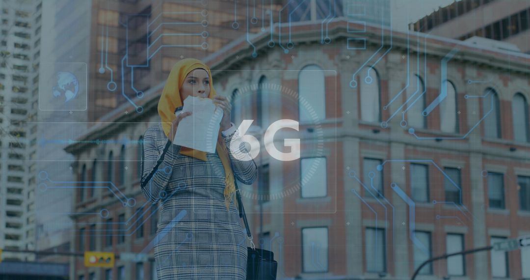 Digital Interface: Muslim Woman in City Contemplating 6G Technology