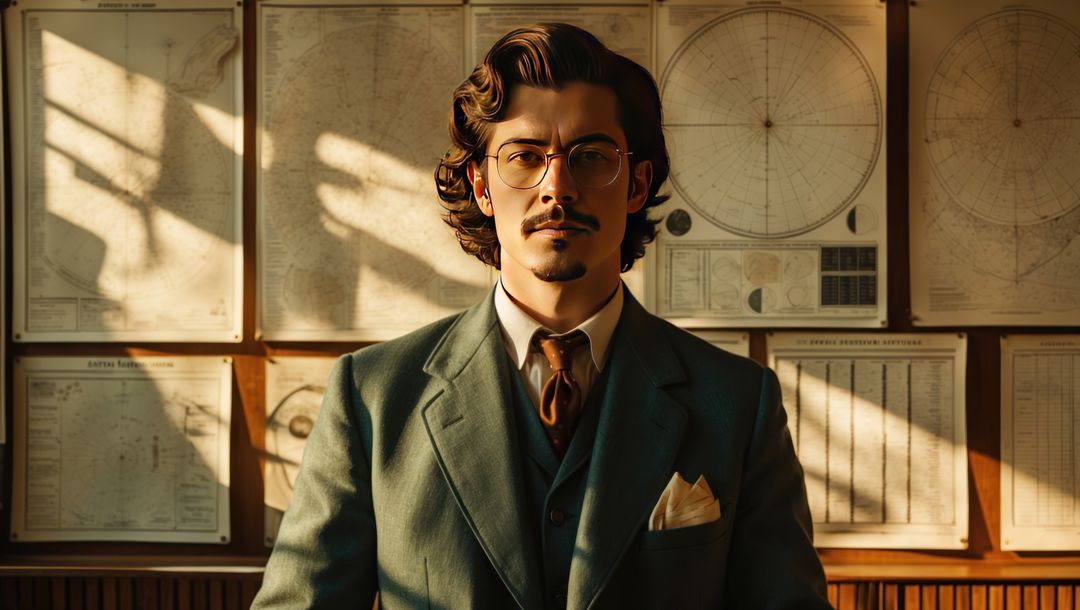 Distinguished astrophysicist amidst vintage astronomical charts