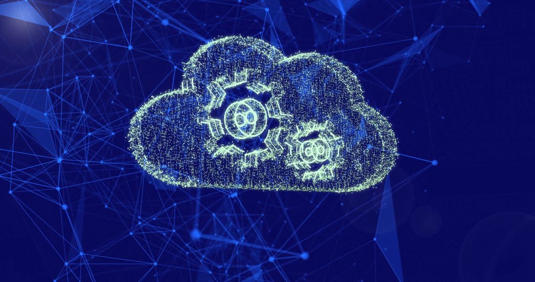 Neon Cloud Computing with Pulsing Gear Icons in Digital Network Topology Abstract Concept