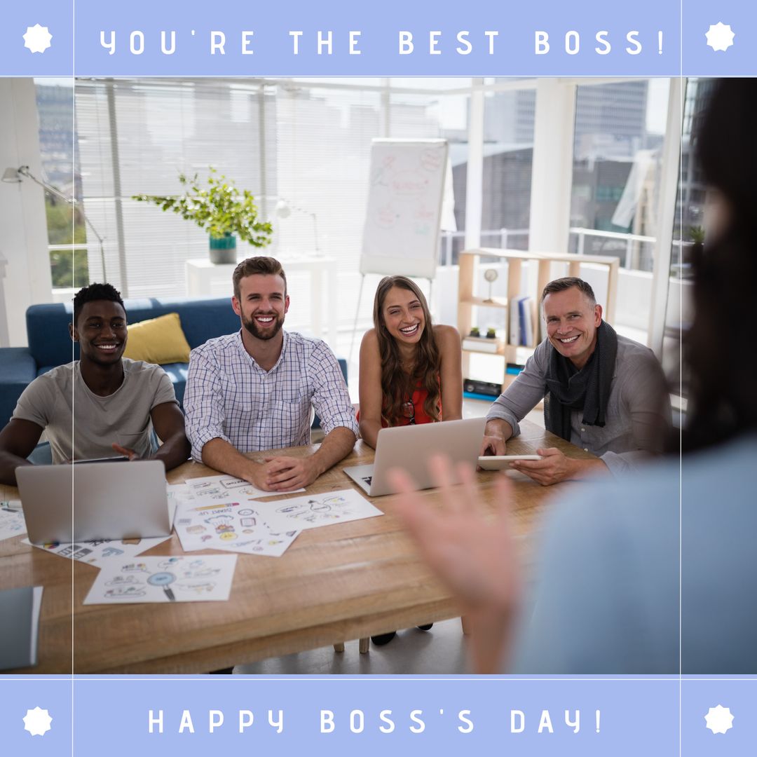 Celebrating Boss's Day with Joyful Team in Office Setting
