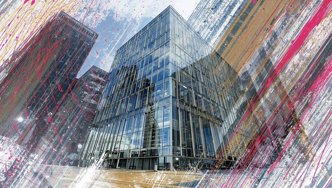 Glass Office Tower with Colorful Paint Streak Overlay, Modern Urban Architecture Concept