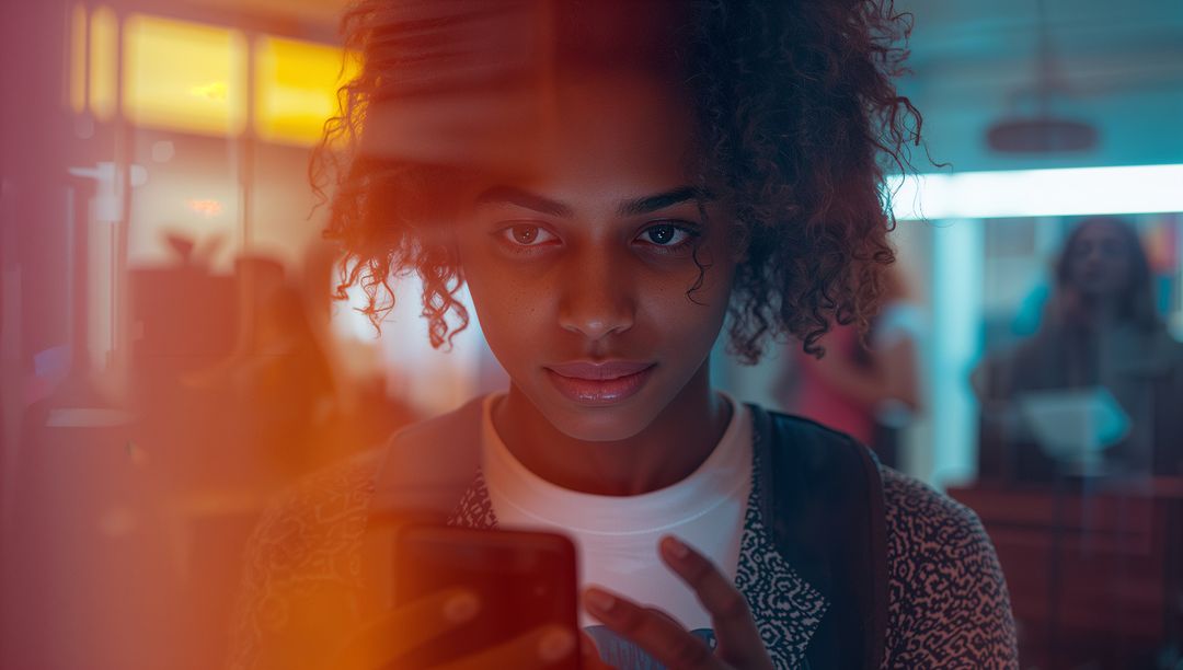 Stylish Student Engaging with Smartphone in Trendy Cafe Environment