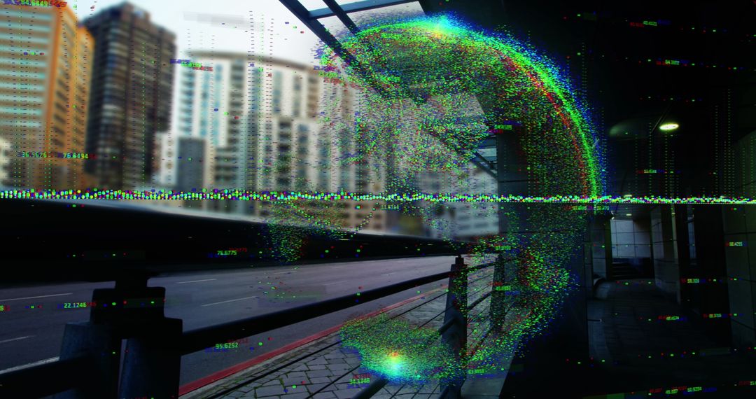 Futuristic Cyber Cityscape with Holographic Glitches and Tech Elements