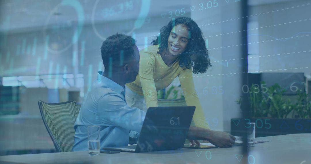 Diverse Team Collaborating with Financial Data Overlaid, Business Innovation