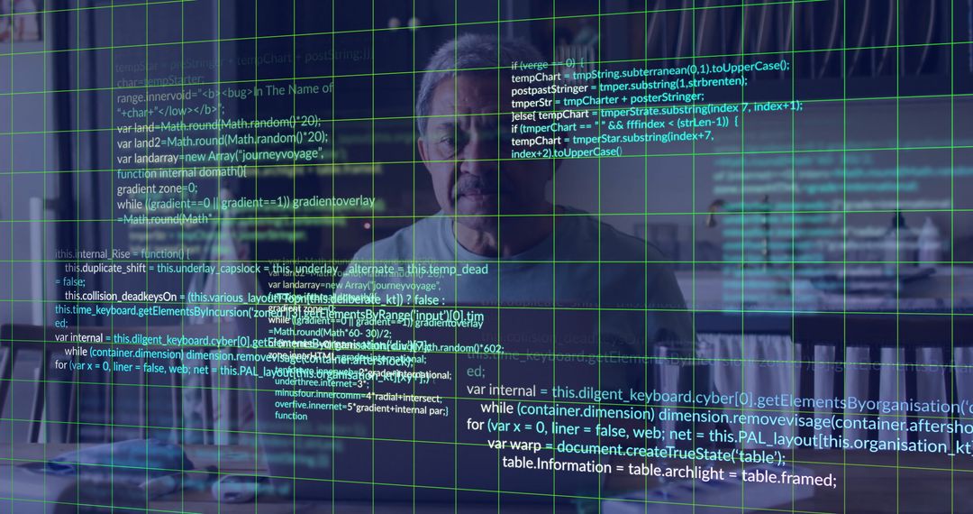 Senior Man Analyzing Financial Data with Laptop and Digital Overlays