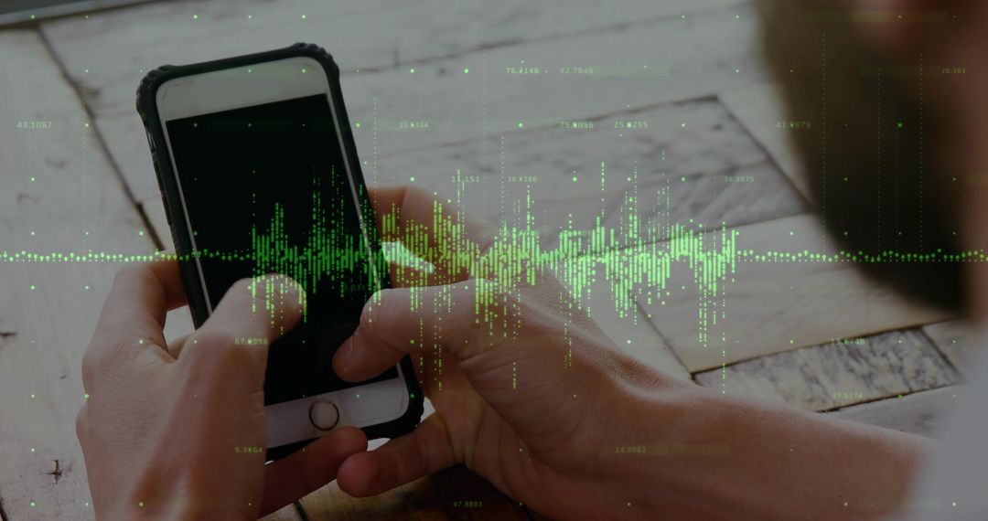 Person Using Smartphone with Digital Waveform Hologram
