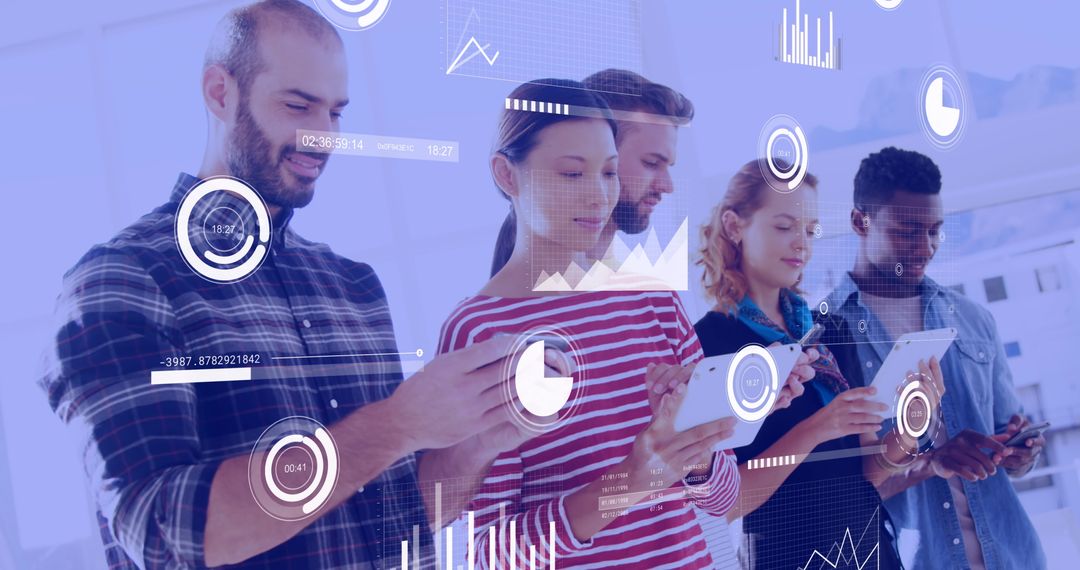 Diverse Professionals Analyzing Data on Tablets with Digital Interface