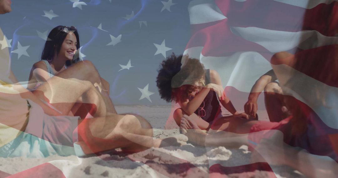 Friends Relaxing at Beach with Overlay of American Flag in Background