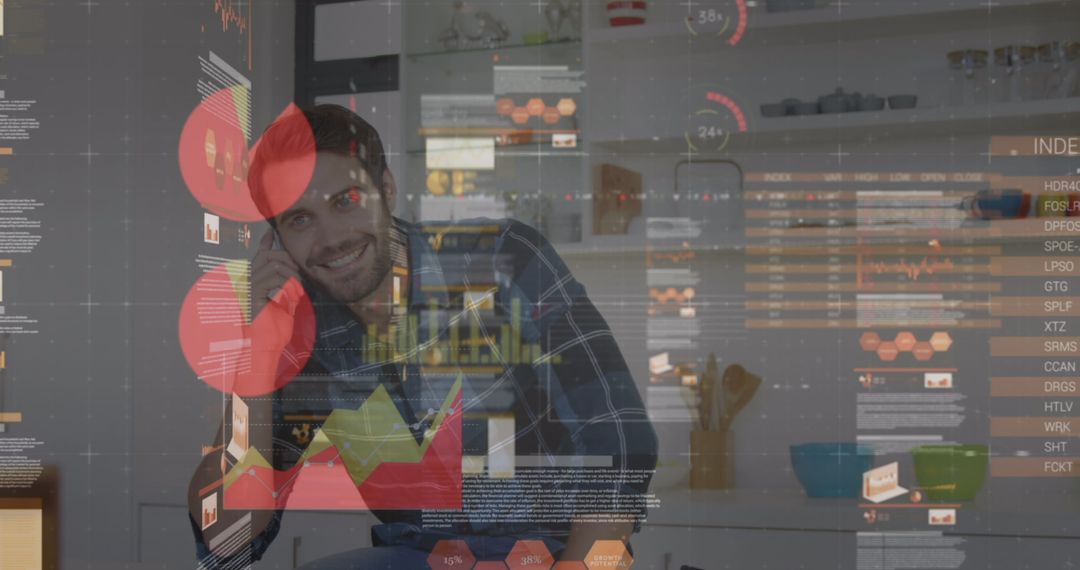 Smiling Businessman Analyzing Data with Digital Interface Projection