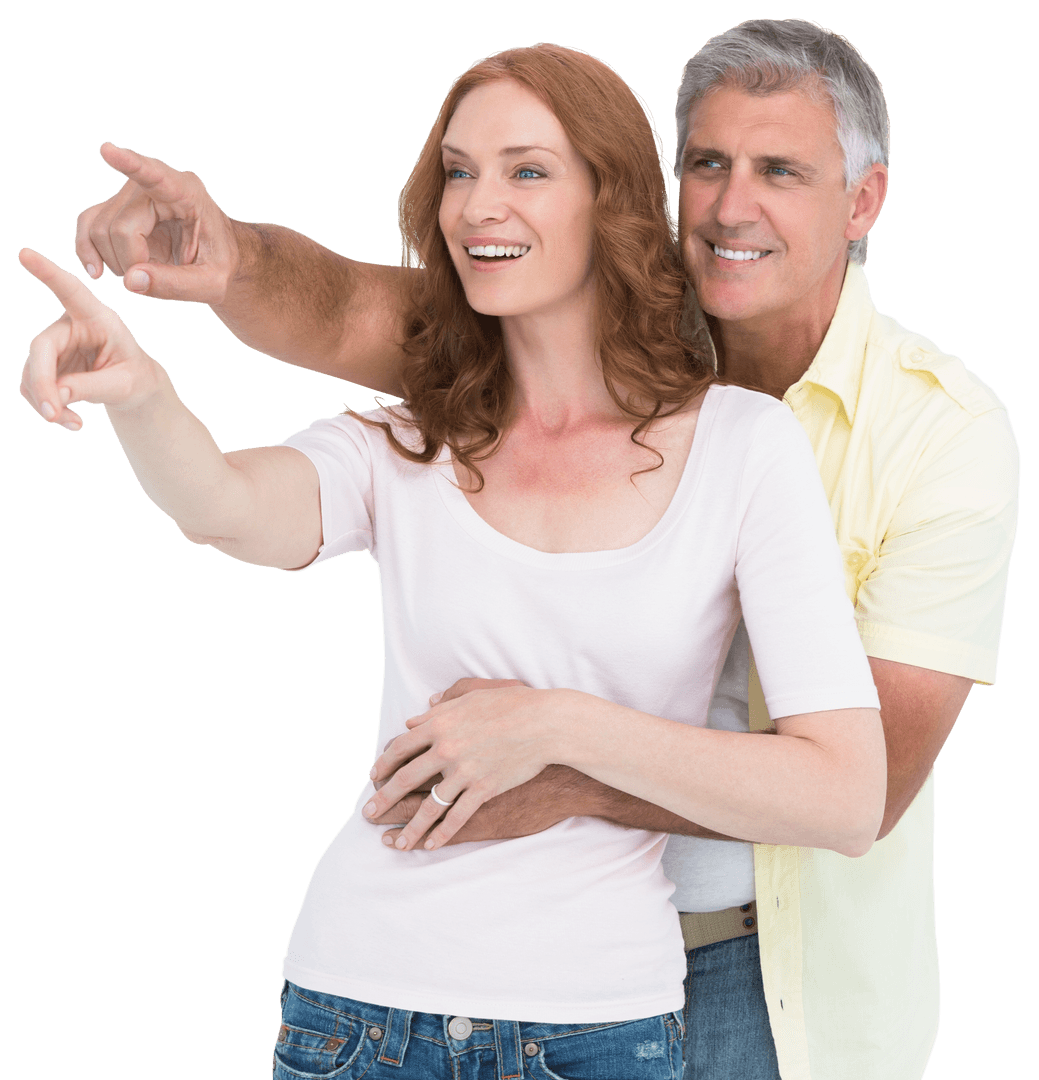 Smiling Casual Couple Pointing Forward Transparent Background