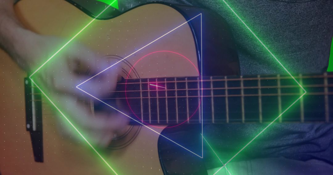 Guitarist Performing Acoustic Tunes with Neon Geometric Art