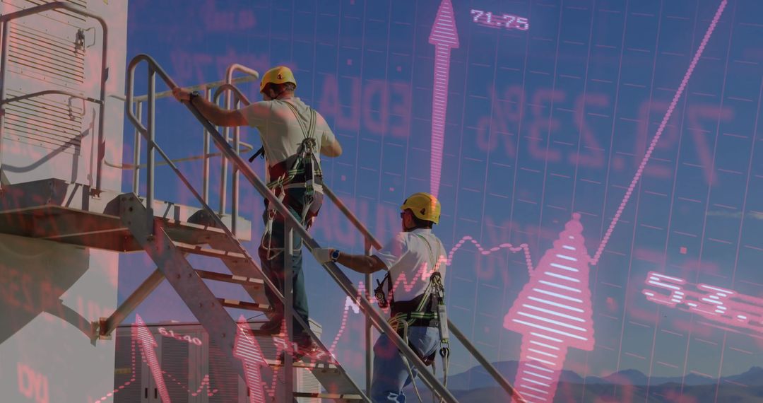 Industrial Workers Climbing Stairs with Financial Data Graphics