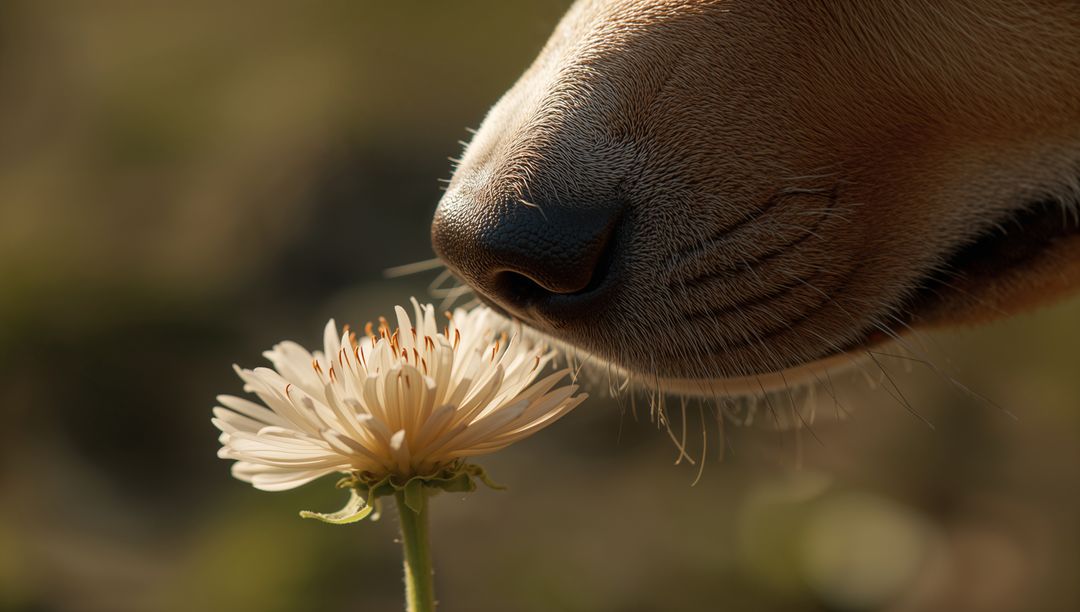 Dog Nose Sniffing Pale Daisy at Golden Hour Closeup Macro with Whisker Detail