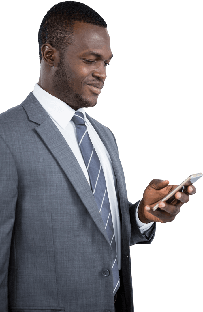 Business Professional Texting Smiling Man in Suit on Transparent Background
