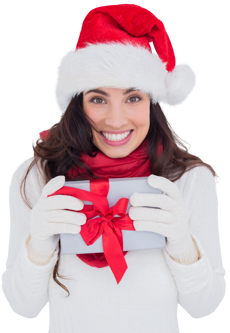 Smiling Woman in Santa Hat Holding Gift Against Transparent Background - Download Free Stock Images Pikwizard.com