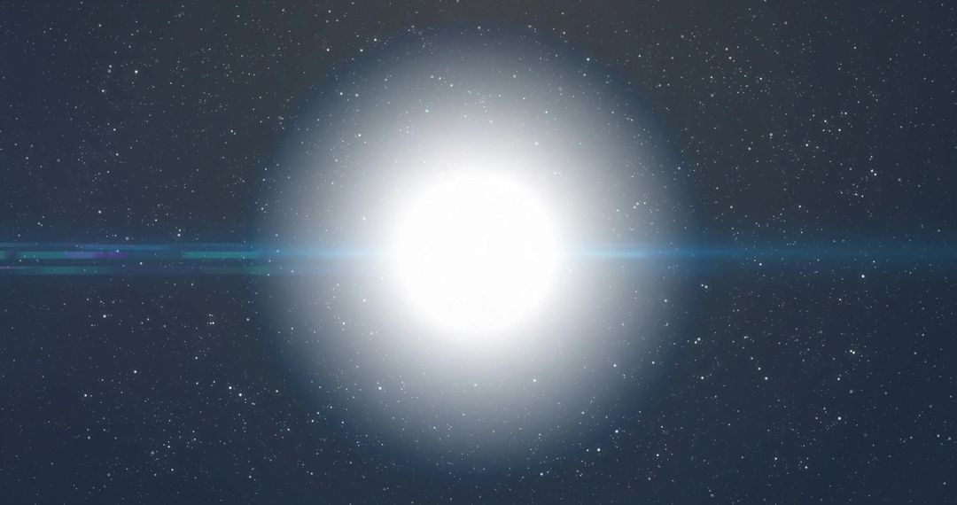 Radiating White Stellar Core with Horizontal Blue Lens Flare over Deep Starfield