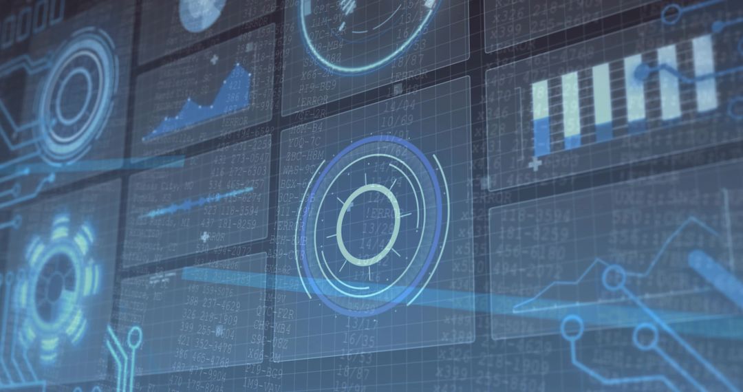 Futuristic Blue HUD Dashboard Featuring Circular Analytics Interface and Data Matrix