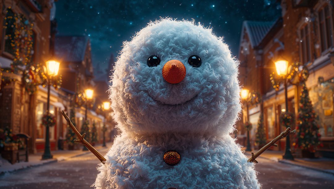 Cheerful Snowman with Streetlight Backdrop on a Starry Night