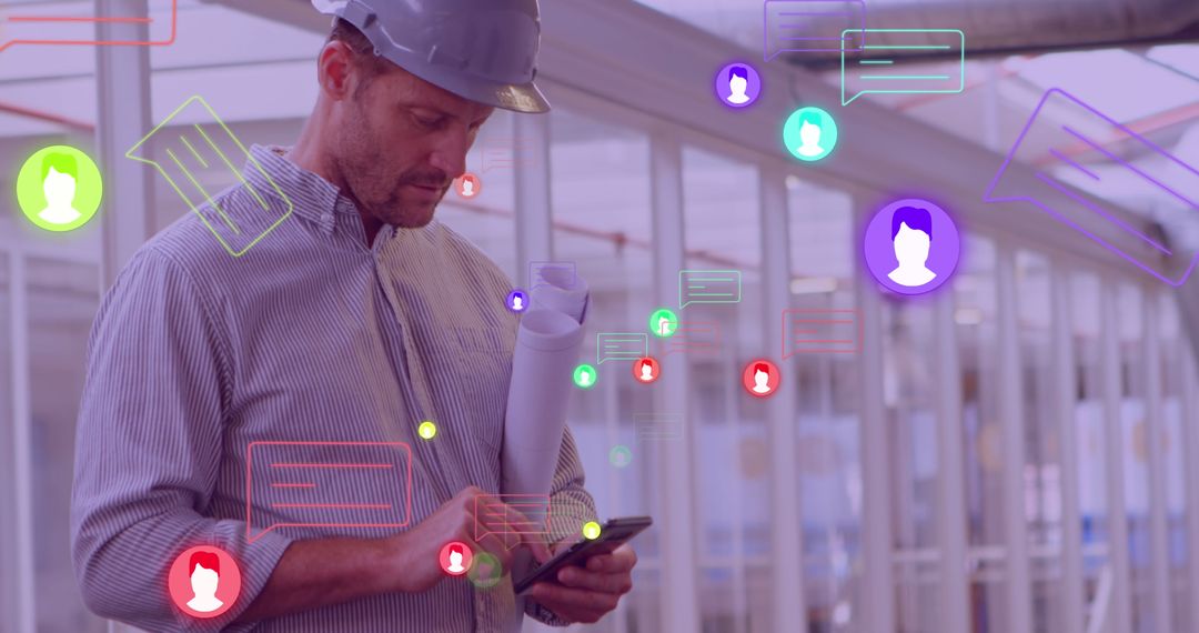 Construction Worker Interacting with Digital Social Media Interface