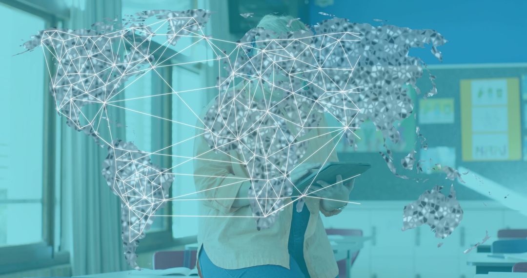 Teacher Holding Tablet Presenting Global Connectivity in Classroom with World Map Overlay