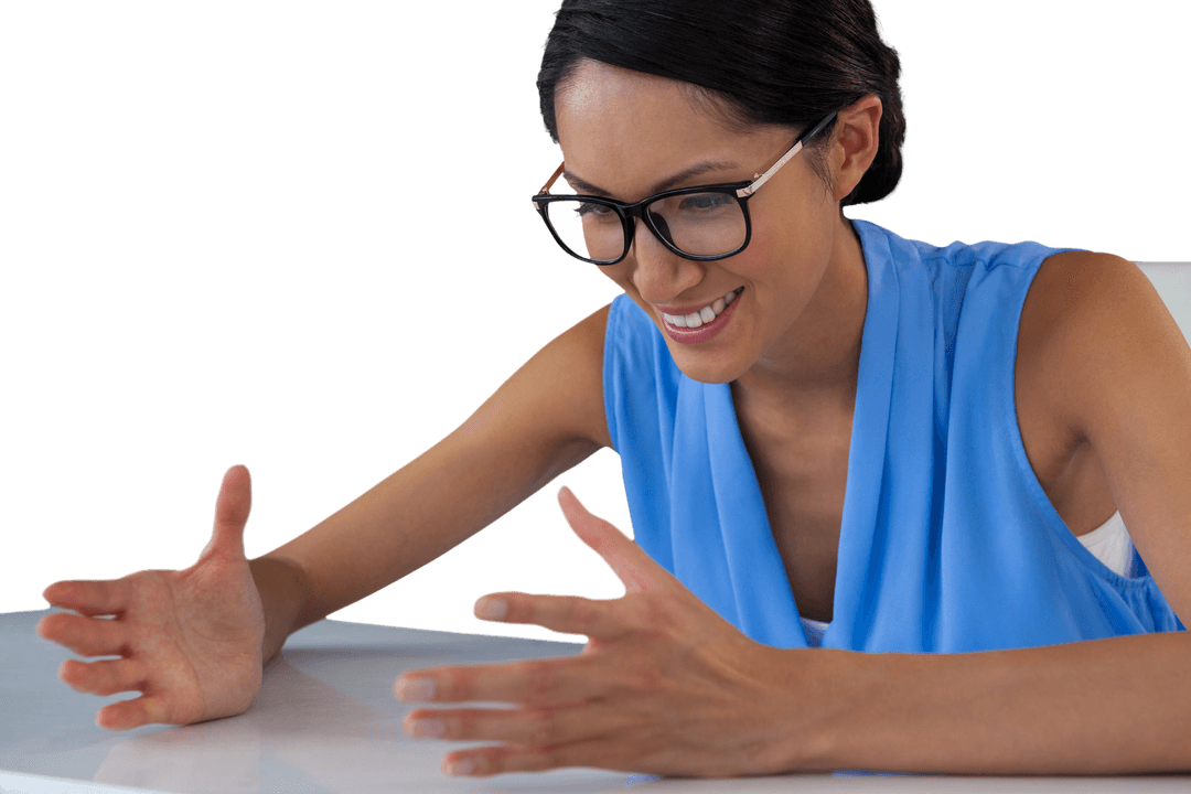 Smiling Businesswoman in Glasses Gesturing at Transparent Surface