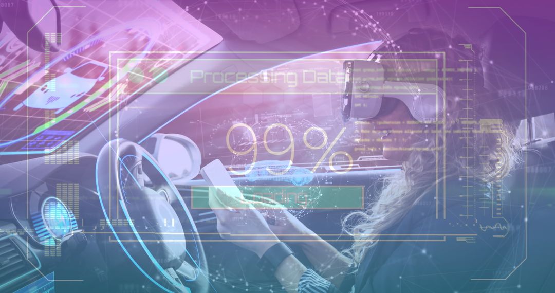 Woman Using VR Headset While Data Processing in Car