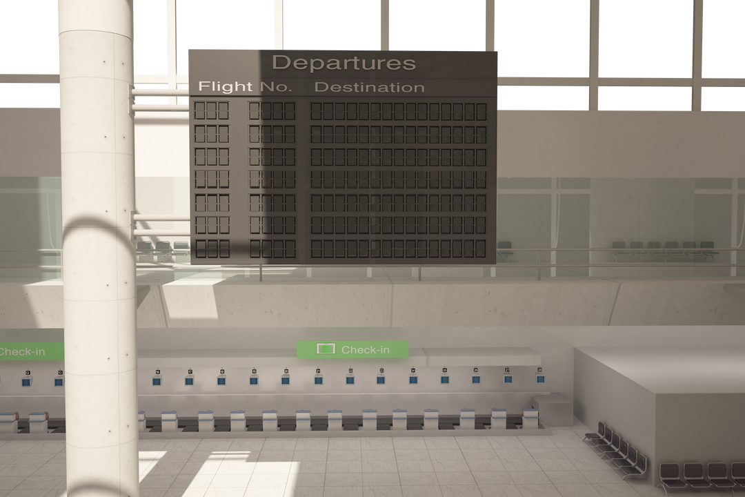 Transparent airport illustration with departures board and check-in area - Download Free Stock Images Pikwizard.com