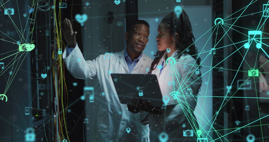 Engineers Analyzing Server with Digital Network Icons Overlay