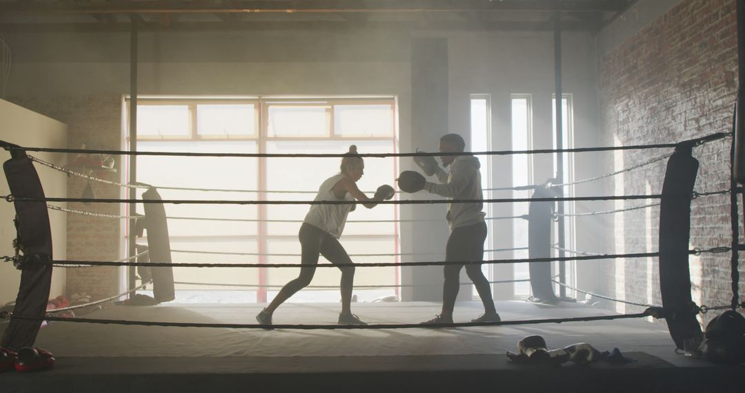 Two People Sparring in Boxing Ring with Sunlight Streaming Through Windows - Free Images, Stock Photos and Pictures on Pikwizard.com