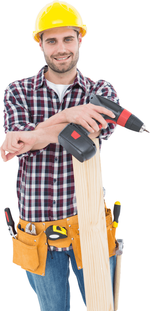 Transparent Workshop Enthusiast Holding Power Drill Proudly