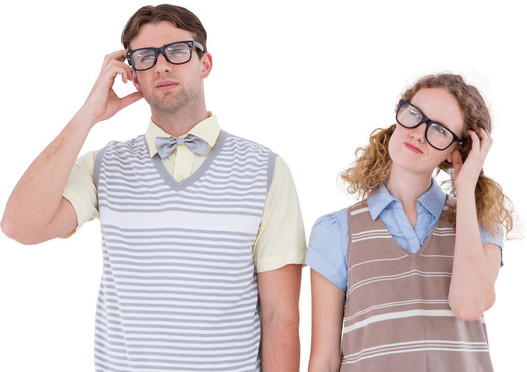 Transparent Geeky Hipster Couple Pondering with Glasses and Striped Fashion