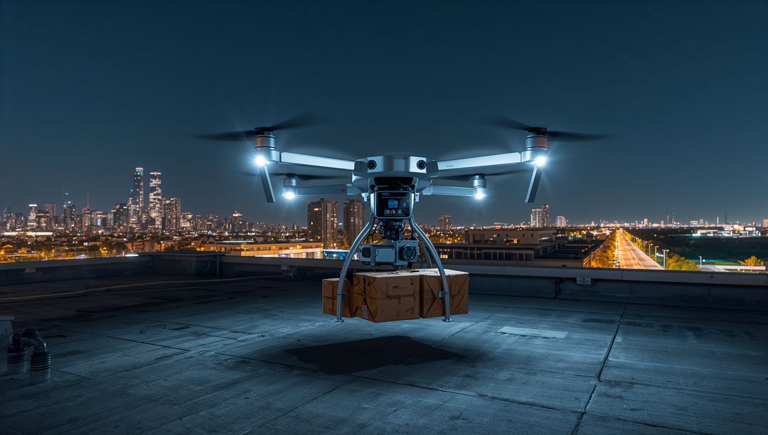 Autonomous delivery drone hovering over rooftop with parcel and LED lights at night skyline