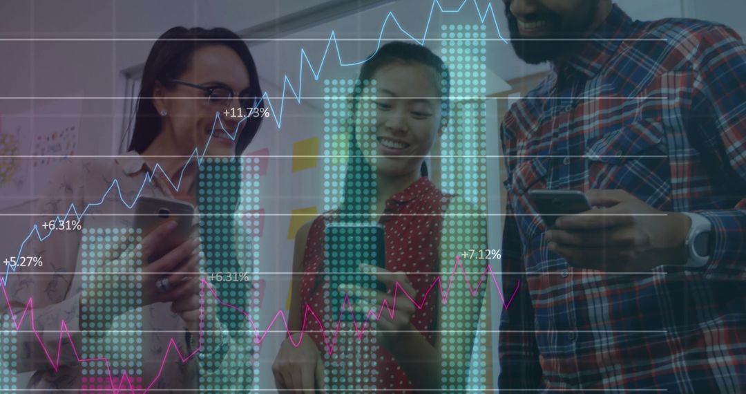 Professionals Analyzing Data with Digital Chart Overlay in Modern Office