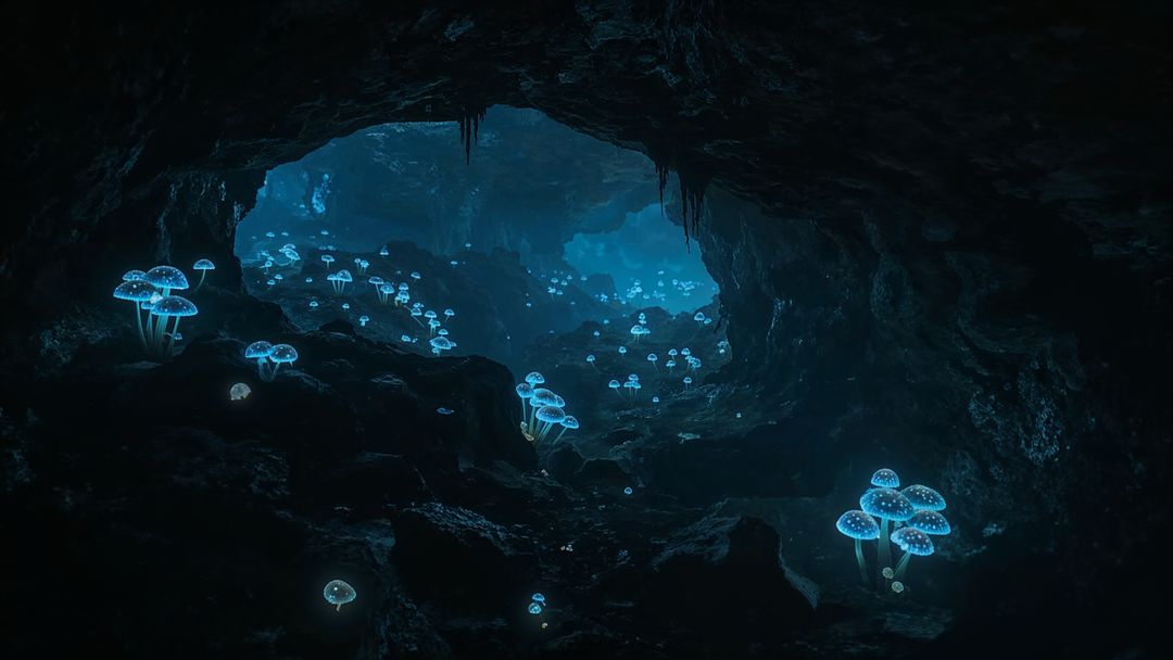 Bioluminescent Mushrooms Illuminating Mystical Cavern