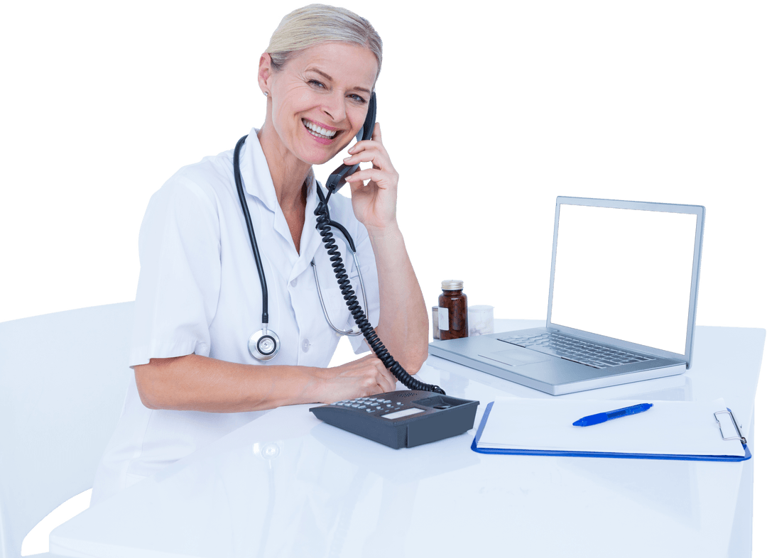 Smiling Medical Professional with Phone on Transparent Background