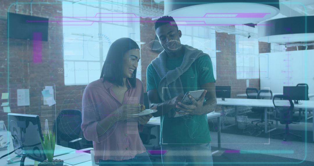 Collaborating in Modern Loft Office with Futuristic Digital Overlay