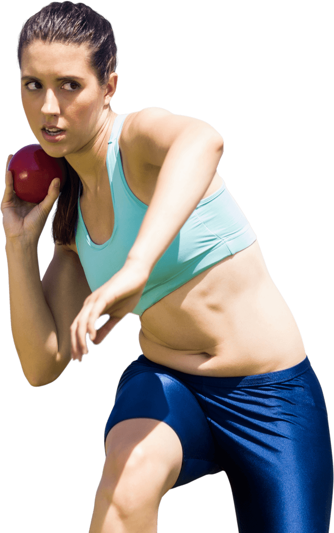 Caucasian Woman in Athletic Pose Throwing Ball Transparent Background