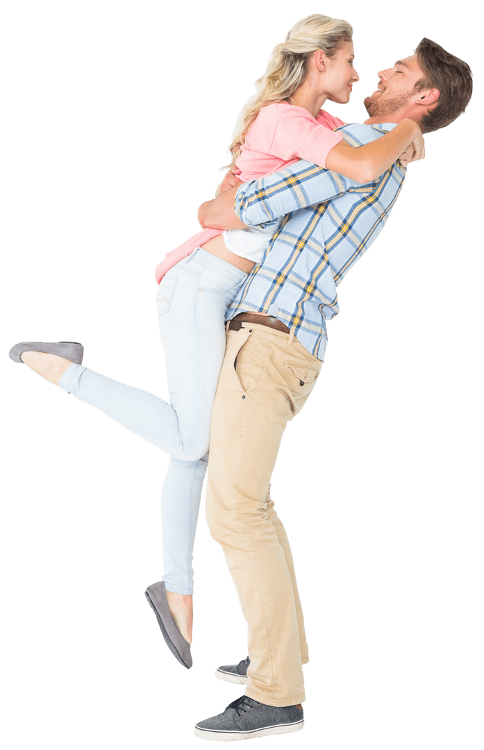 Transparent Happy Couple Hugging in Playful Embrace