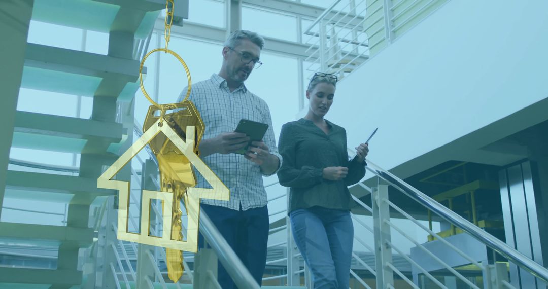 Diverse Business Team Discussing Global Property Ownership with Digital Concept Overlay