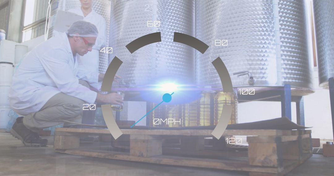 Scientists Data Processing with Futuristic Overlay in Factory Setting