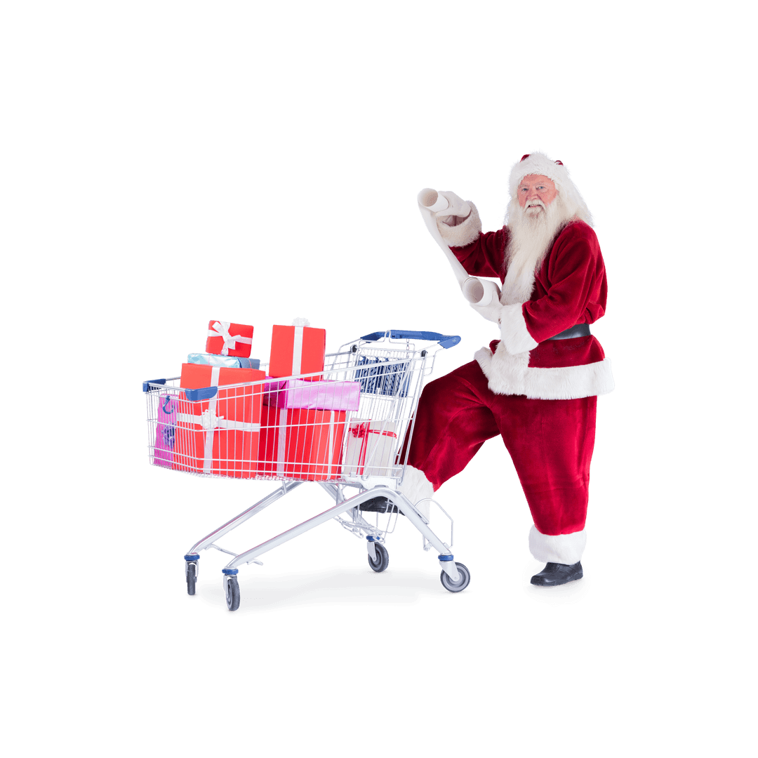 Santa Claus Shopping with Cart Full of Gifts Transparent Background