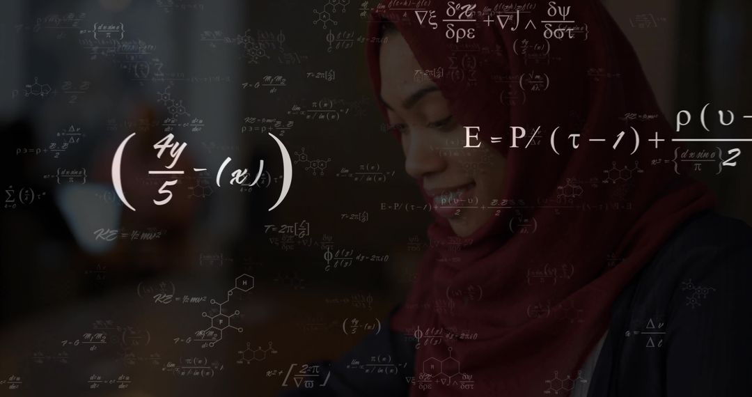 Woman in Headscarf Solving Equations with Floating Formulas