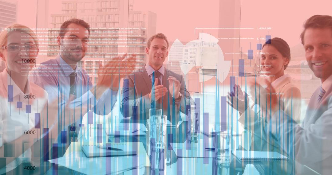 Business Team Clapping with Overlaid Financial Charts and Data