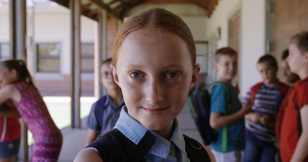 Schoolgirl Smiling with Friends in Background in Hallway - Free Images, Stock Photos and Pictures on Pikwizard.com