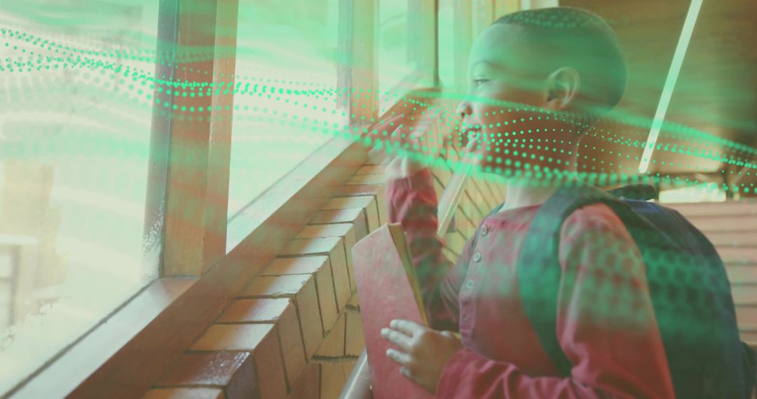 Child in School Corridor Looking Out Window with Backdrop of Network Overlay