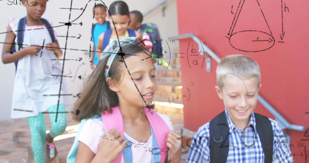 Math Formulas Overlaying Students Walking at School