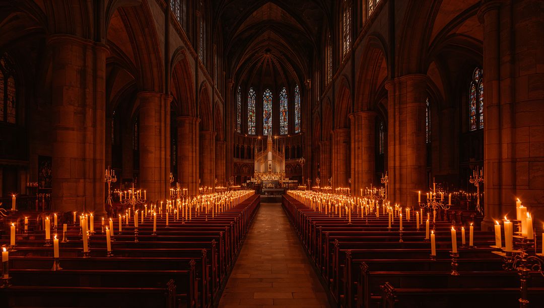 Gothic Cathedral Interior Illuminated by Candlelight
