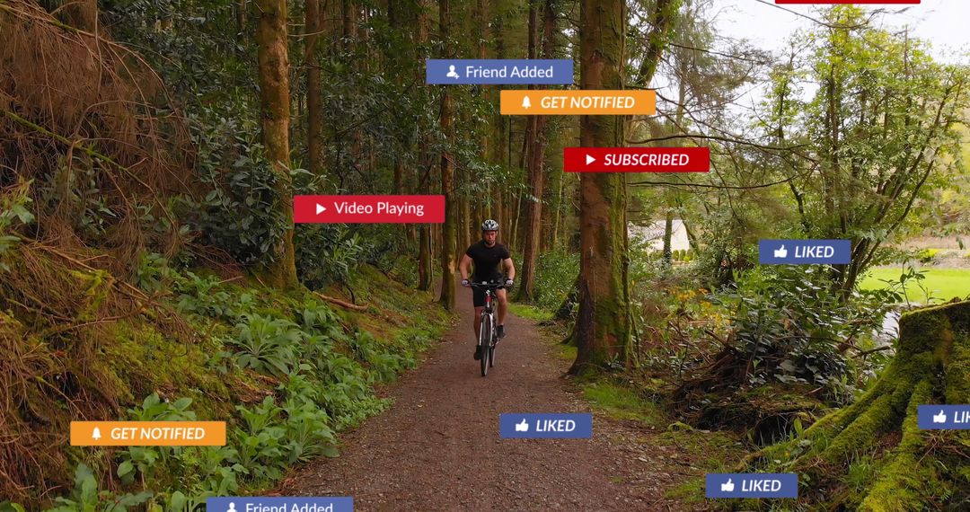 Cyclist Riding in Forest Surrounded by Social Media Icons
