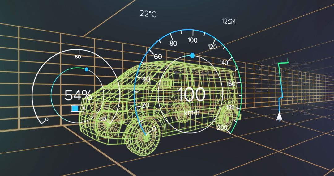 Futuristic Vehicle Interface with Speedometer and GPS on 3D Van Model